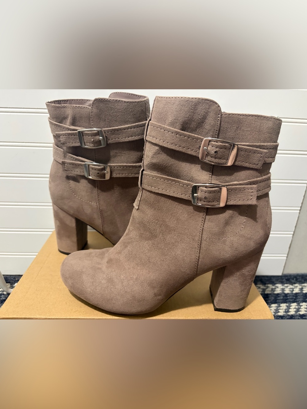 Christian Siriano Taupe Buckle Suede Ankle Boots